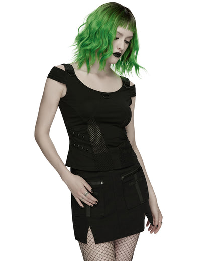 WT-1065TDF Womens Apocalyptic Gothic Studded Mesh Inset T-Shirt Top