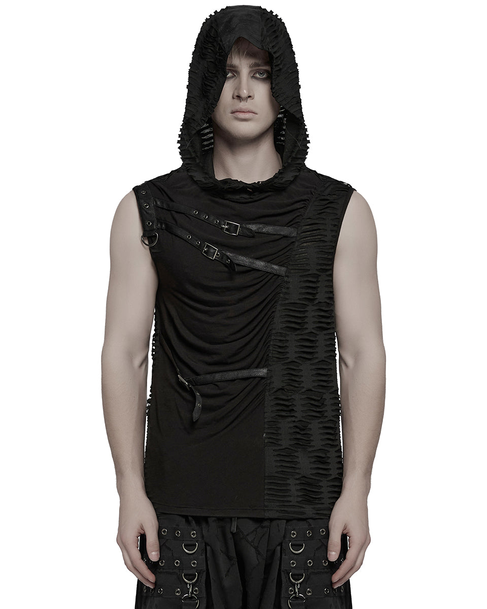 WT-1003BXM-BKM Mens Apocalyptic Gothic Spliced & Shredded Hooded Tank Top Vest