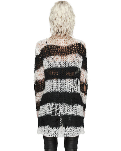 WM-077KMF-WHF Womens Gothic Punk Striped Shredded Cardigan Sweater - White & Black