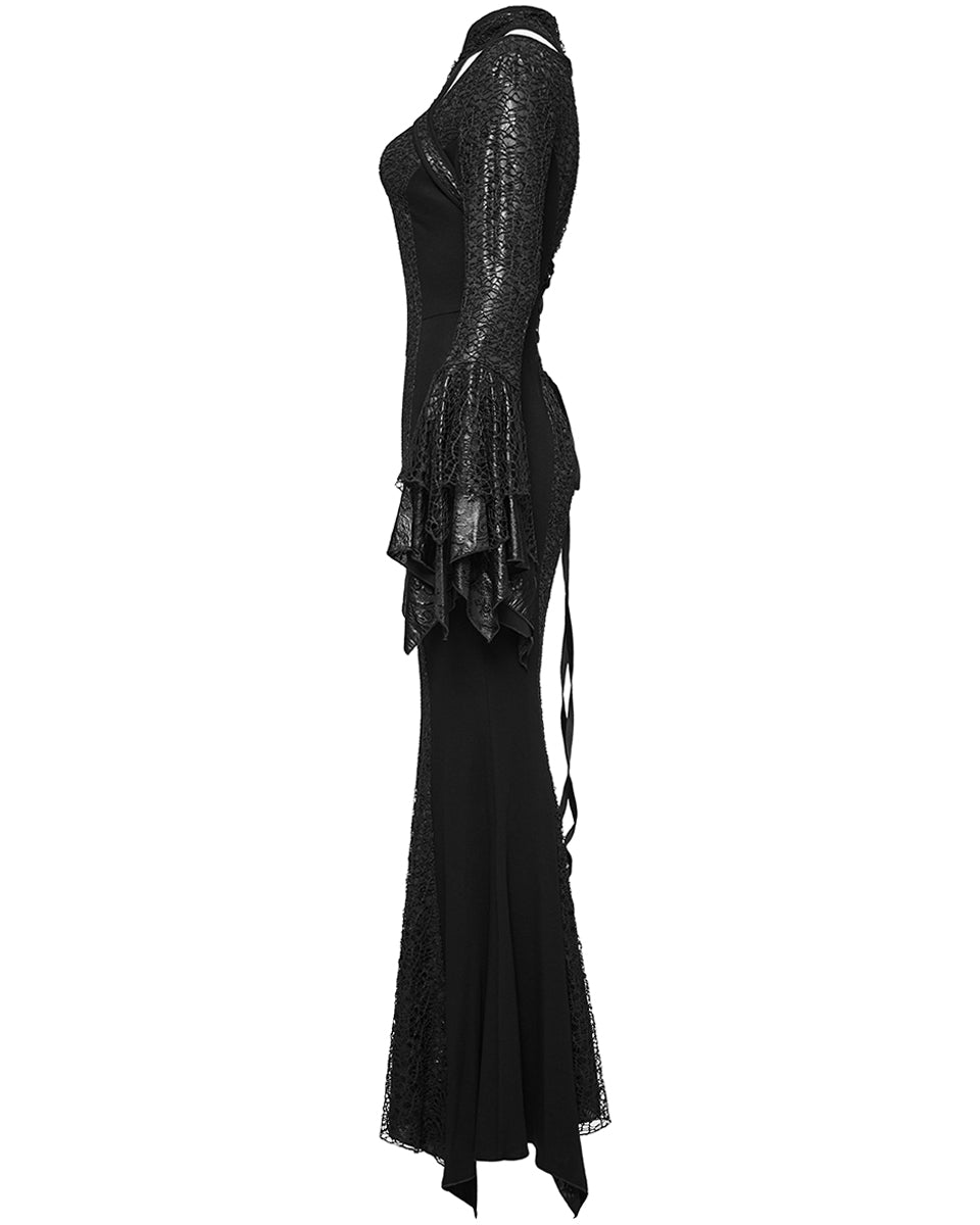 WQ-772LQF Womens Long Gothic Fitted Maxi Dress With Mesh Contrast - Black