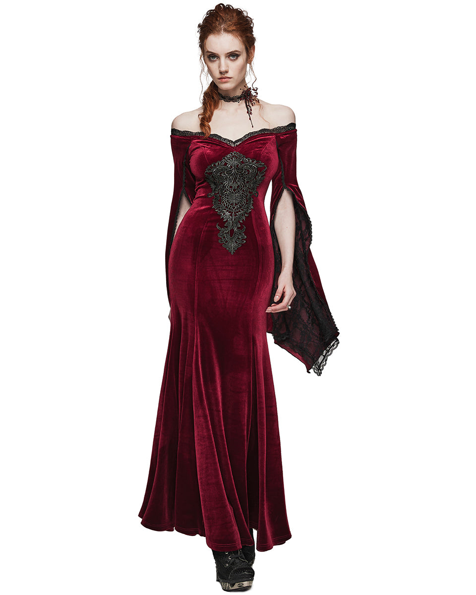 PR-DQ-641LQF-RDF Classic Gothic Off Shoulder Maxi Dress - Extended Size Range - Red Velvet