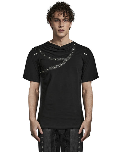 PR-T792-BKM Mens Avant Garde Gothic Studded Drop Collar T Shirt Top