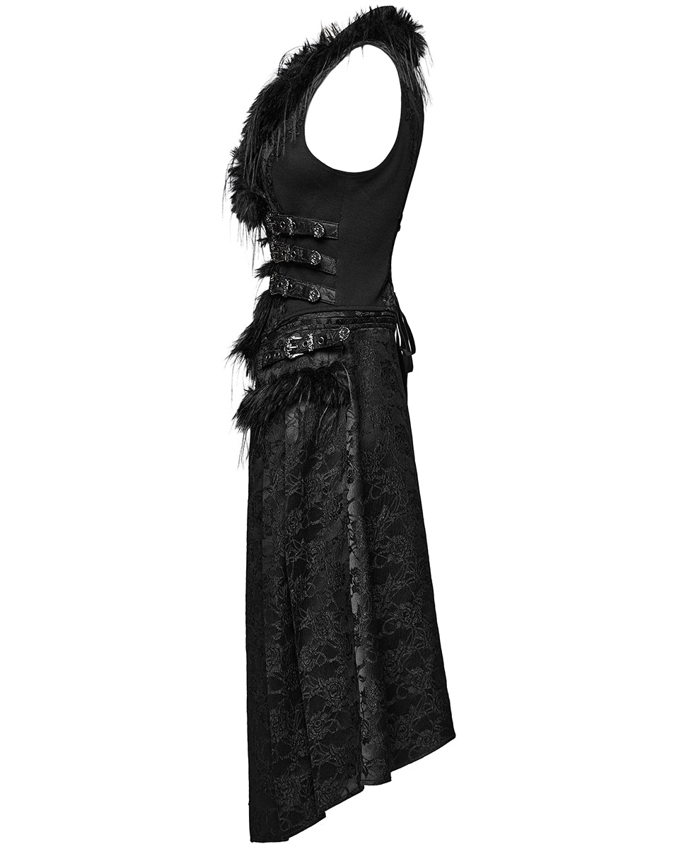 WY-1650MJF Womens Long Gothic Rose Jacquard 2 Piece Waistcoat Vest With Faux Fur Trim