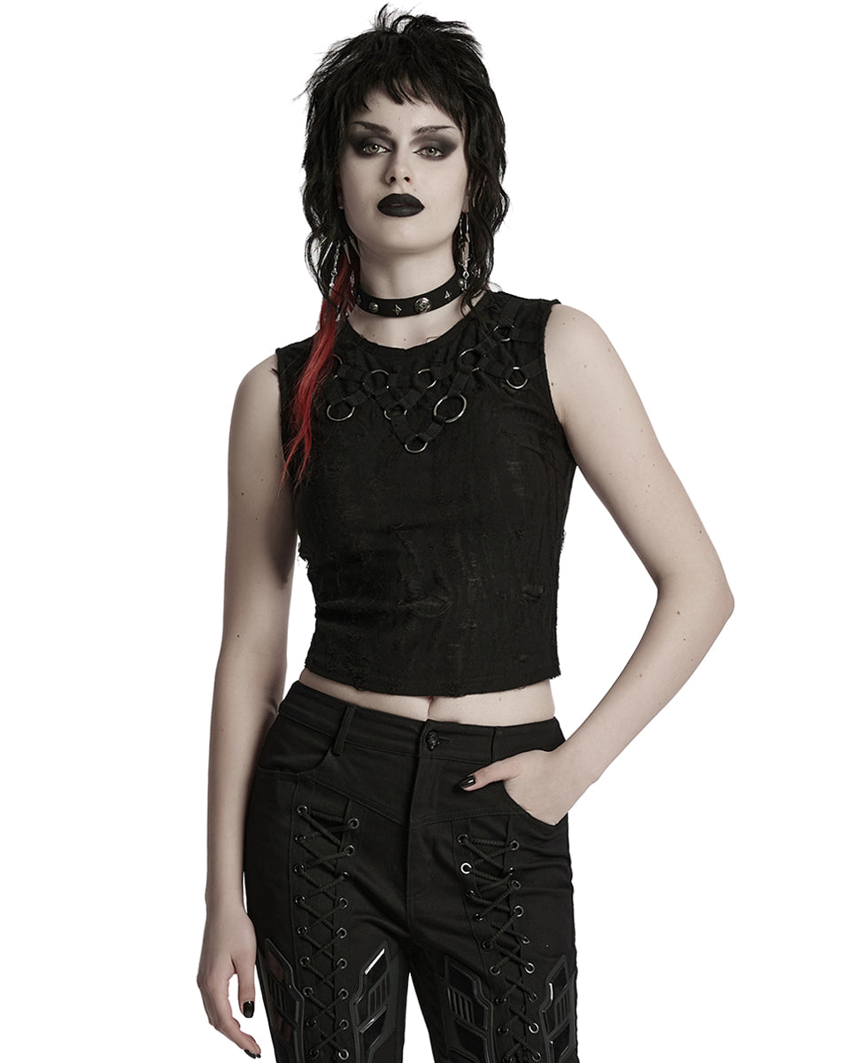 WT-920BXF-BKF Womens Apocalyptic Punk Shredded Broken Knit Tank Top Vest