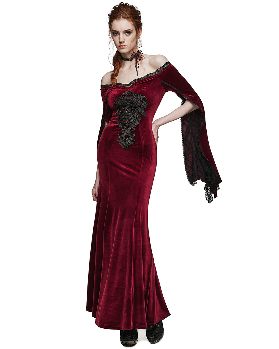 PR-DQ-641LQF-RDF Classic Gothic Off Shoulder Maxi Dress - Extended Size Range - Red Velvet