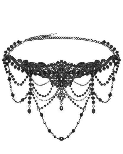 WS-896LHF Womens Elegant Gothic Beaded & Chained Lace Crucifix Necklace