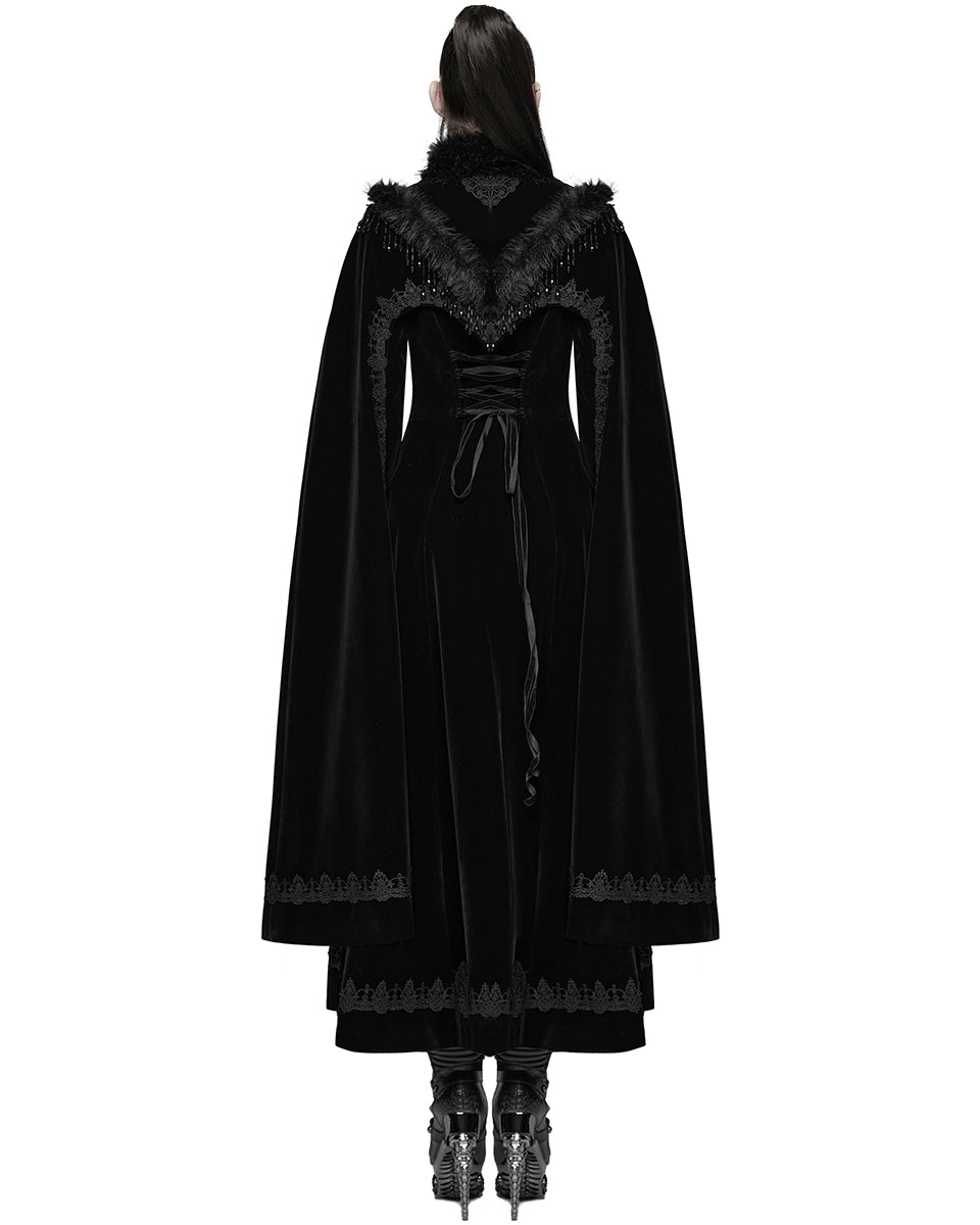 WY-1811DPF Womens Long Elegant Gothic Velvet & Faux Fur Beaded Cloak Coat