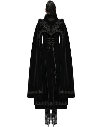 WY-1811DPF Womens Long Elegant Gothic Velvet & Faux Fur Beaded Cloak Coat