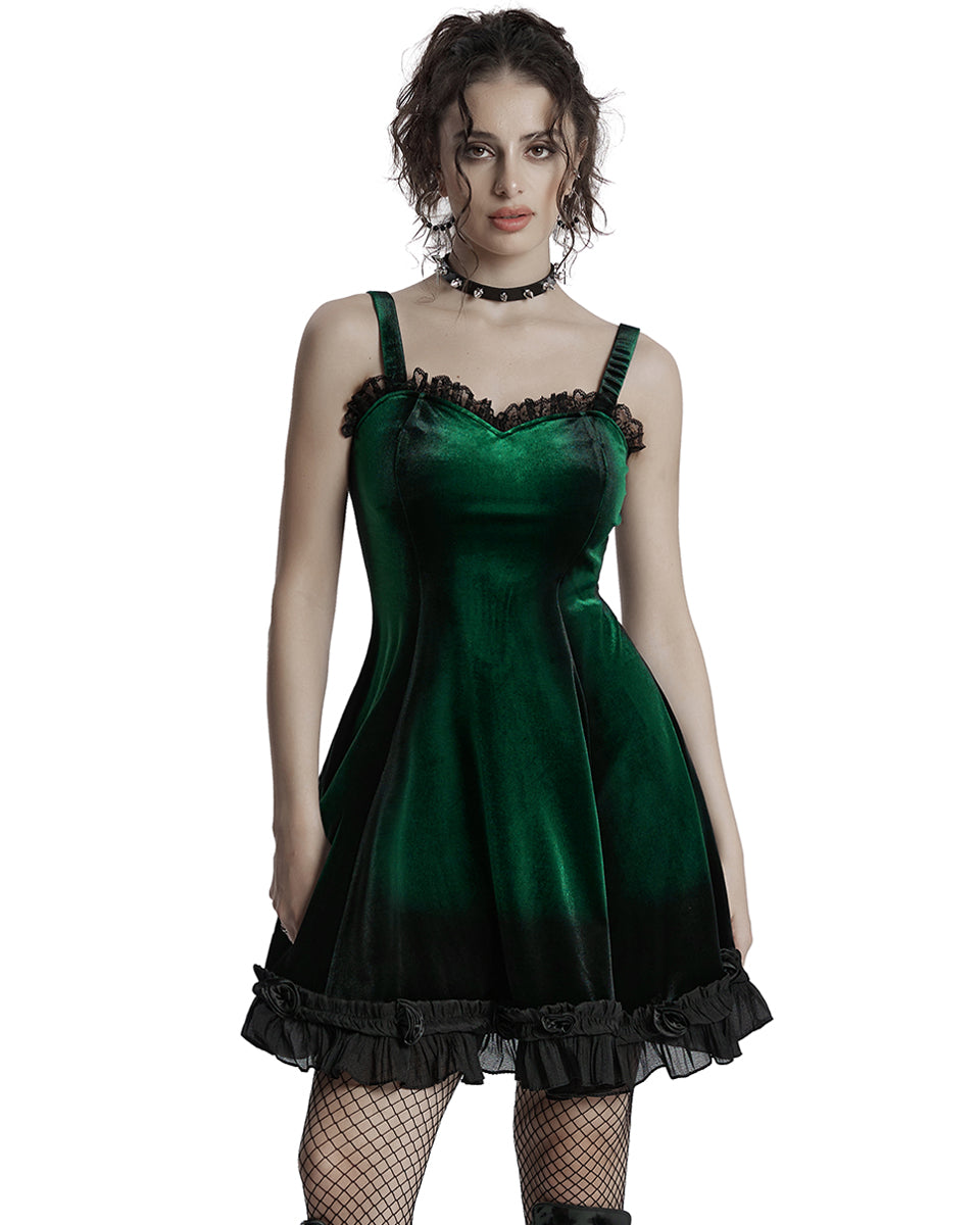 OQ-780DQF-GRF Daily Life Gothic Gradient Velvet Mini Dress - Green & Black