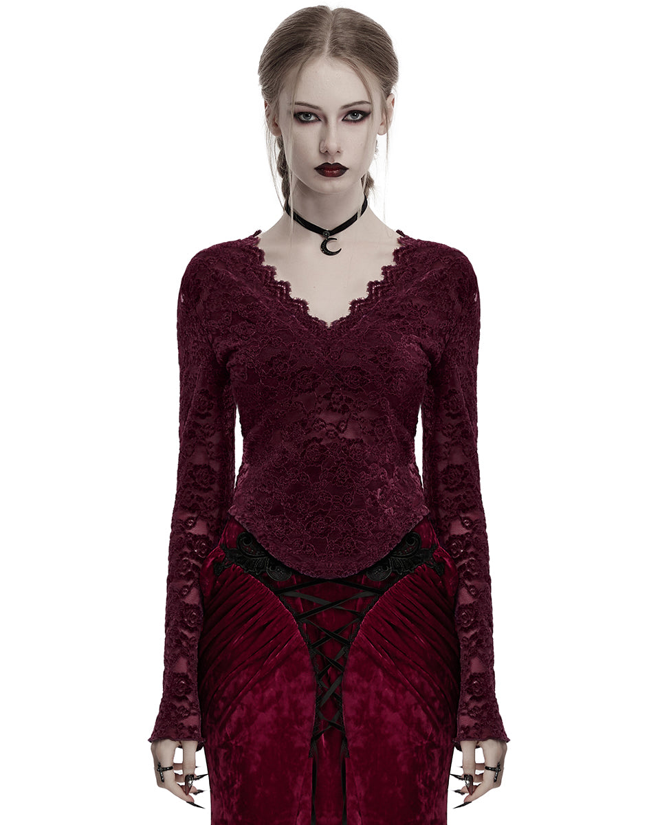 OT-1014TCF-RDF Womens Elegant Floral Lace V-Neck Top - Red