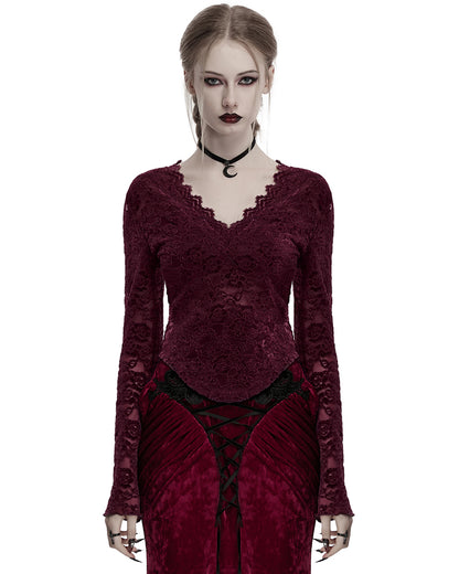 OT-1014TCF-RDF Womens Elegant Floral Lace V-Neck Top - Red