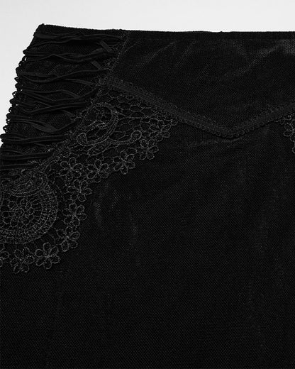 PR-WQ-929BQF-BKF Womens Long Gothic Velvet & Lace Applique Maxi Skirt