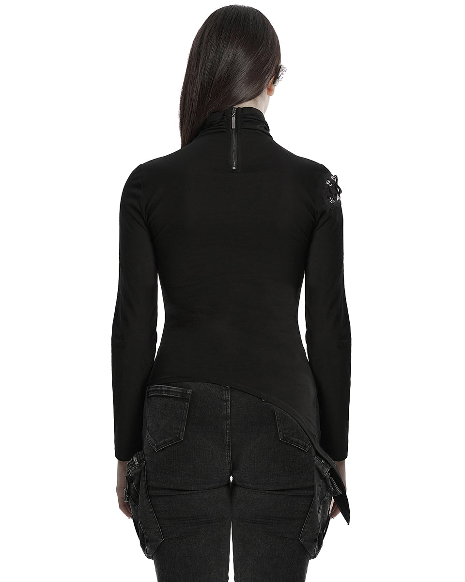 OT-952TCF-BKF Daily Life Womens Asymmetric Apocalyptic Spliced Mesh Top
