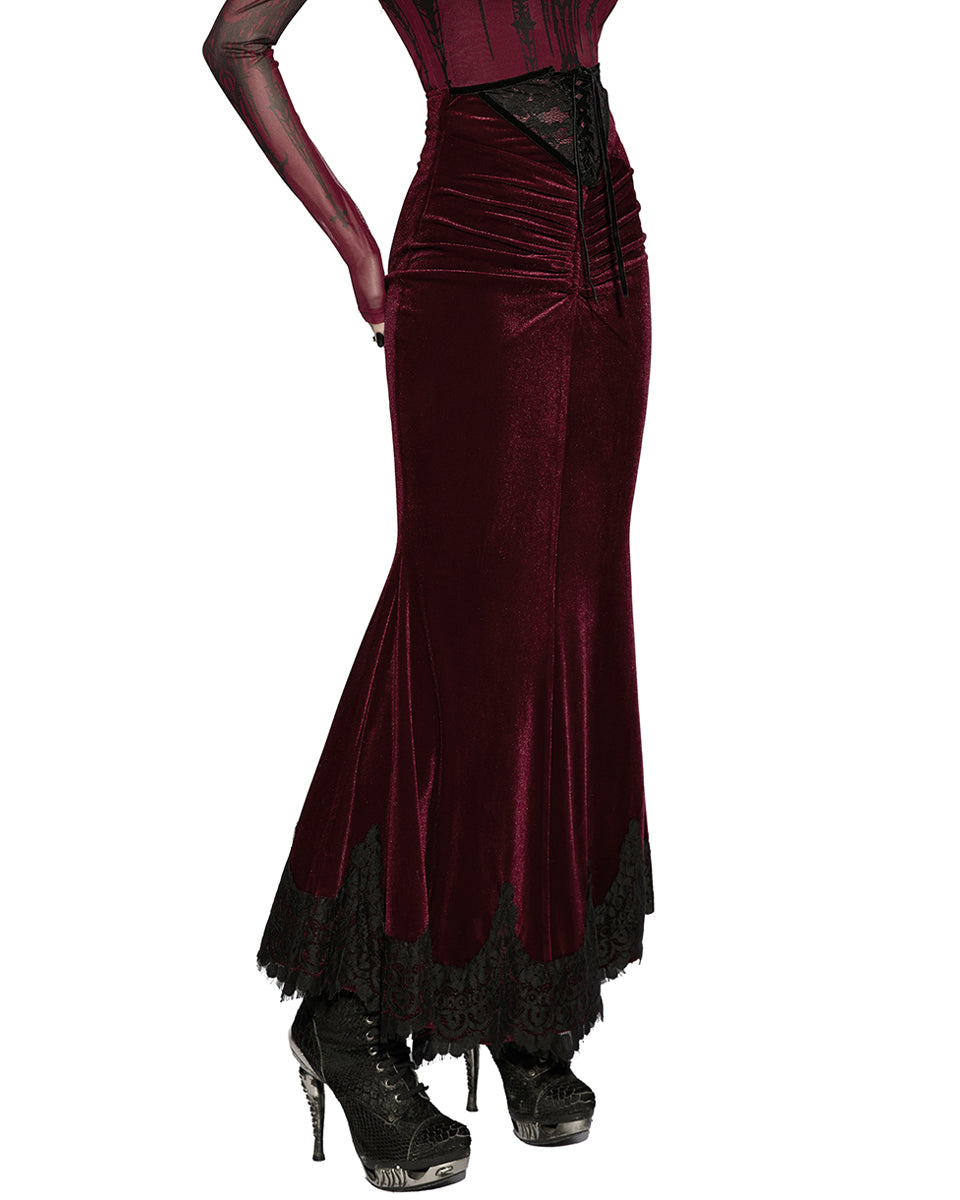 PR-OQ-844BQF-RDF Daily Life Womens Long Gothic Velvet Ruched Split Waist Skirt - Red