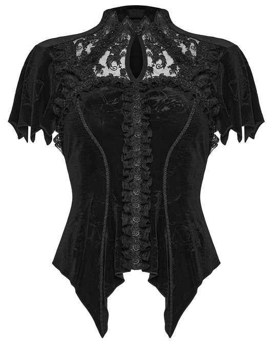 PR-WT-1076TDF-BKF Womens Gorgeous Gothic Embossed Rose Velvet & Lace Blouse Top