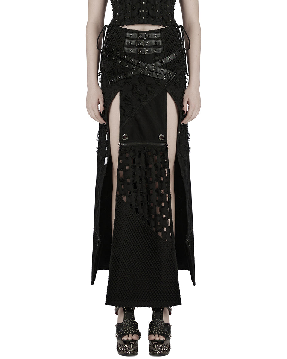 WQ-847BQF-BKF Womens Apocalyptic Punk Spliced Broken Knit Detachable Skirt