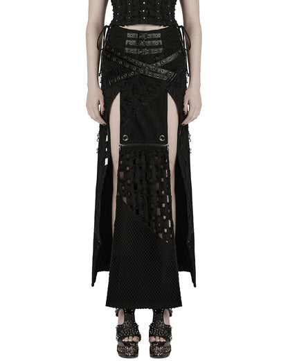 WQ-847BQF-BKF Womens Apocalyptic Punk Spliced Broken Knit Detachable Skirt