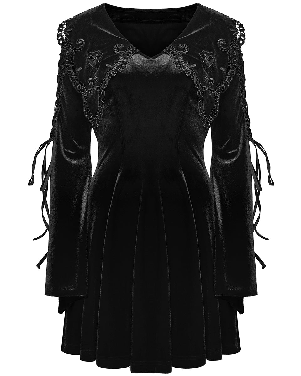 WQ-770DQF Womens Gothic Velvet Mini Dress With Oversize Embellished Collar - Black