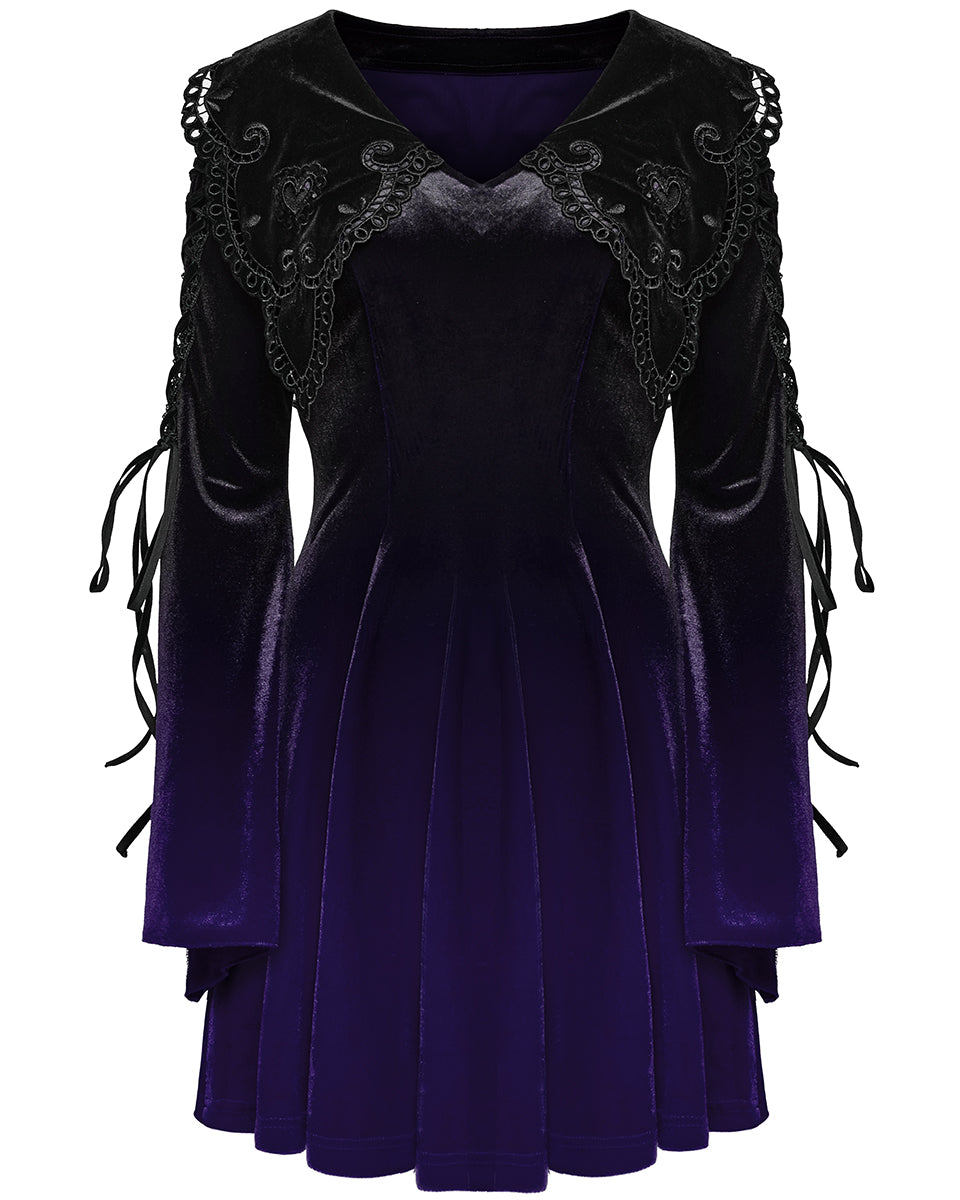 WQ-770LQF Womens Gothic Velvet Mini Dress With Oversize Embellished Collar - Purple & Black Gradient