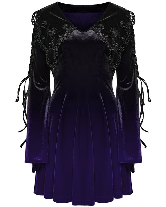 WQ-770LQF Womens Gothic Velvet Mini Dress With Oversize Embellished Collar - Purple & Black Gradient