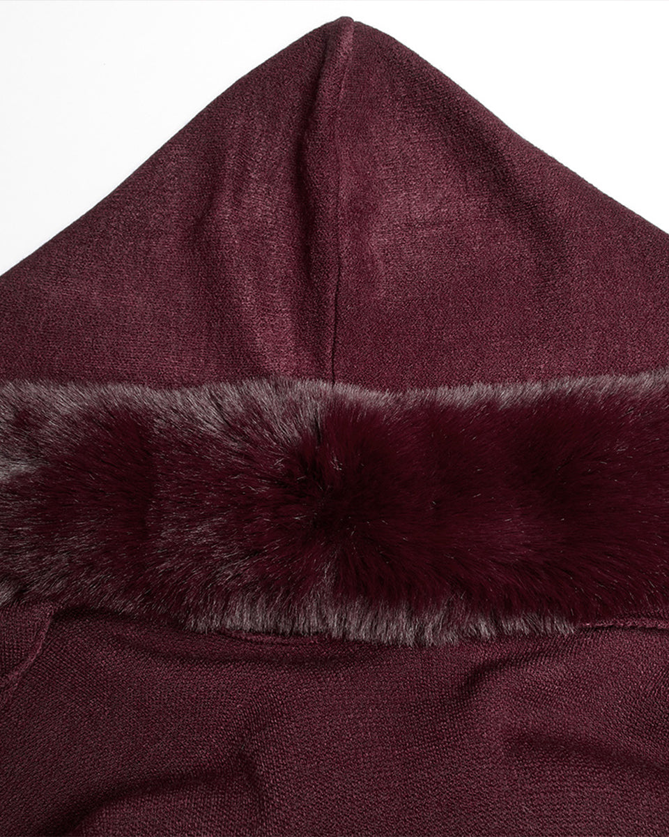 OM-092HMF Daily Life Womens Plush & Faux Fur Hooded Winter Cloak - Red