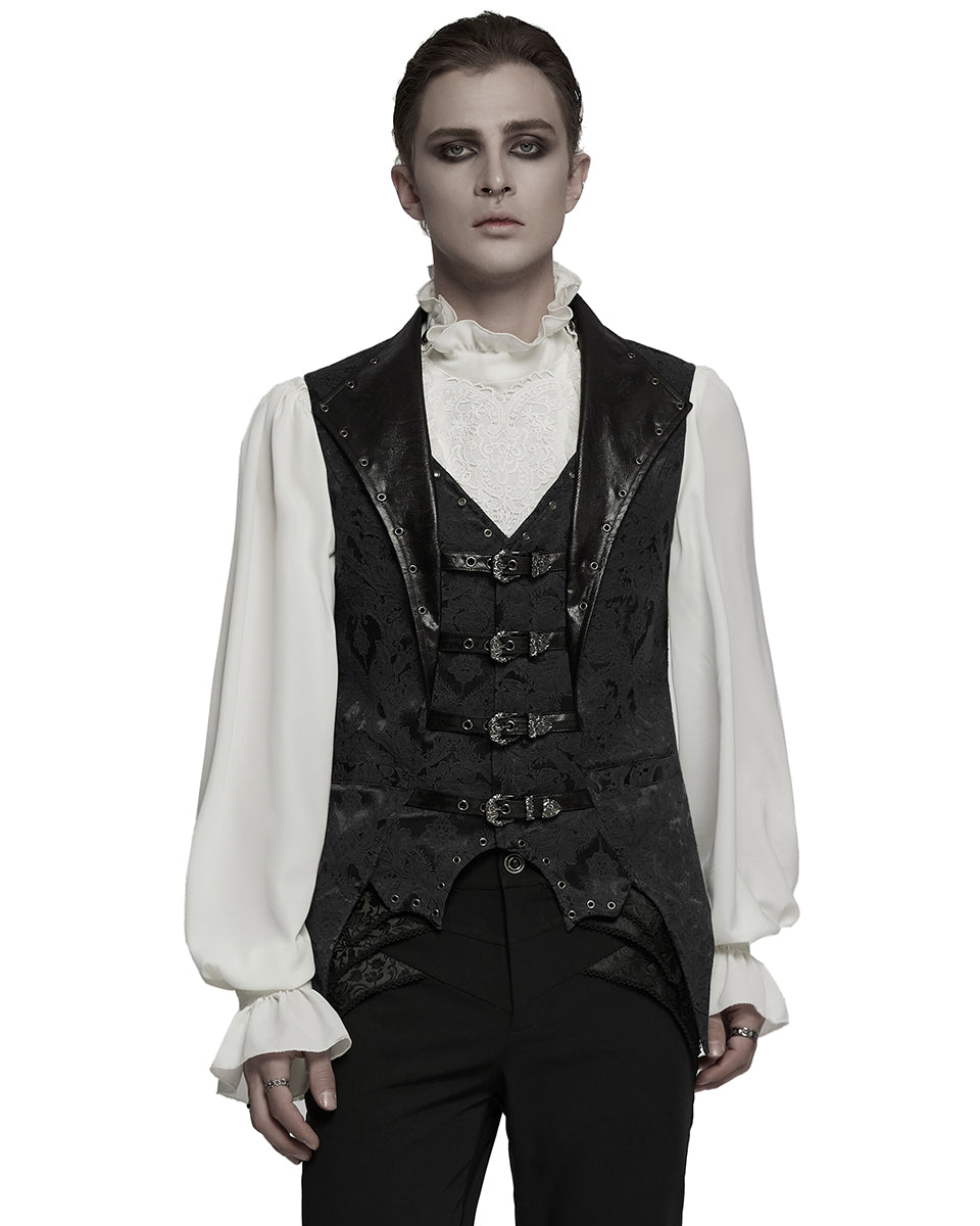 WY-1765MJM-BKM Mens Dark Victorian Gothic Damask Jacquard Waistcoat Vest - Black