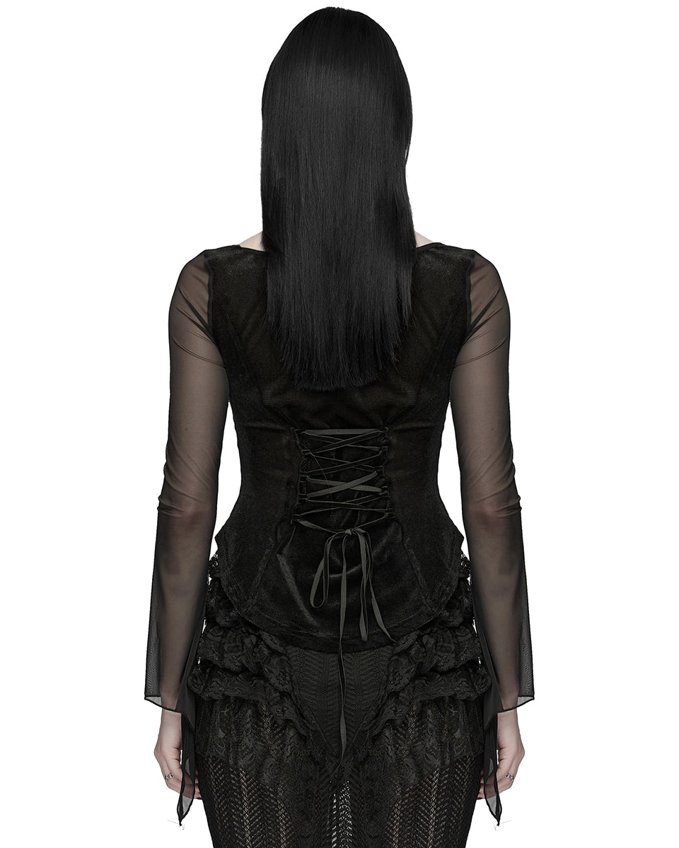 PR-WT-1069TCF-BKF Womens Elegant Gothic Velvet & Mesh Lace Applique Blouse Top