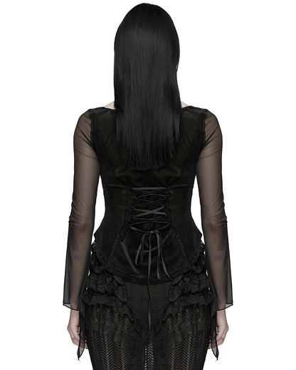 PR-WT-1069TCF-BKF Womens Elegant Gothic Velvet & Mesh Lace Applique Blouse Top