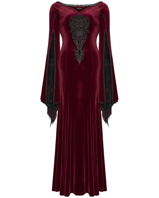 PR-DQ-641LQF-RDF Classic Gothic Off Shoulder Maxi Dress - Extended Size Range - Red Velvet