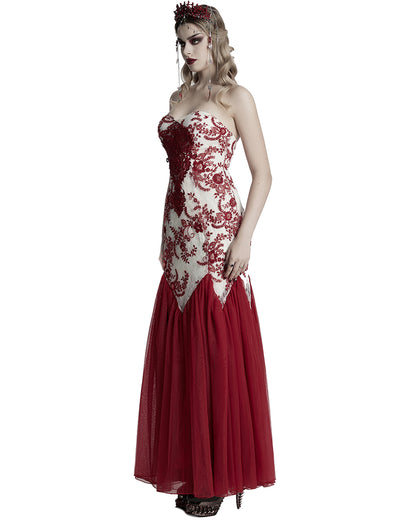 WQ-859DQF-WHRDF Womens Long Gothic Floral Sequined Wedding Prom Dress - White & Red