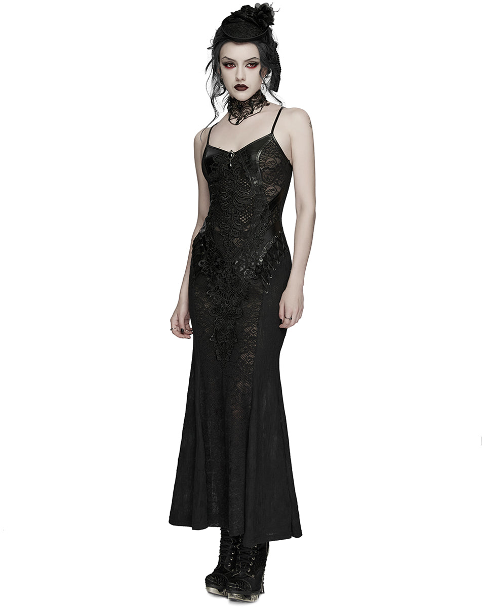PR-WQ-934LQF-BKF Womens Long Elegant Gothic Lace Inset Applique Maxi Dress