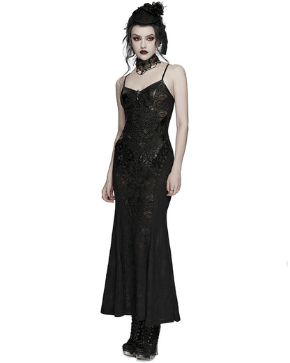 PR-WQ-934LQF-BKF Womens Long Elegant Gothic Lace Inset Applique Maxi Dress