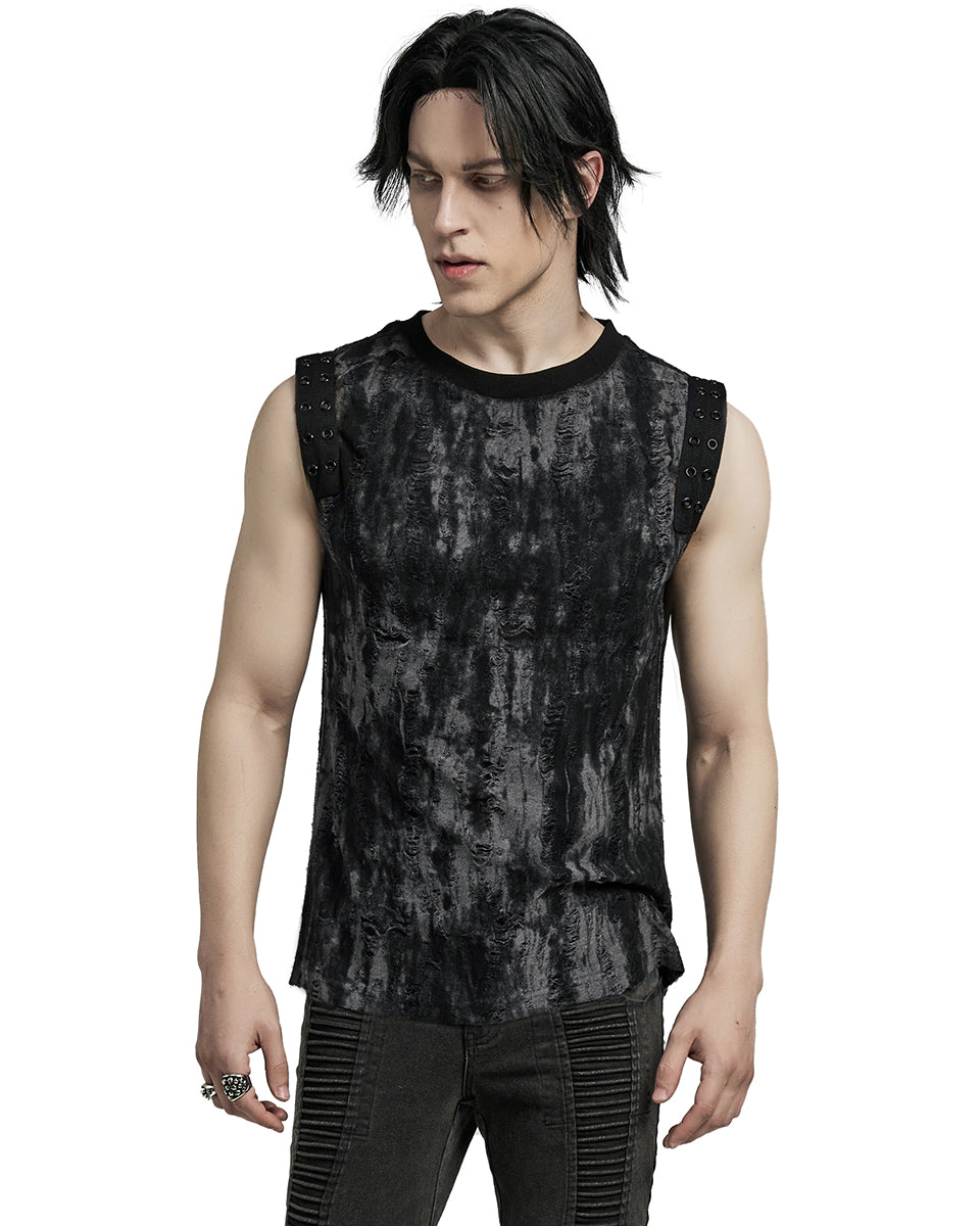 WT-887BXM-BKGYM Mens Apocalyptic Gothic Broken Knit Tank Top Vest - Distressed Grey & Black