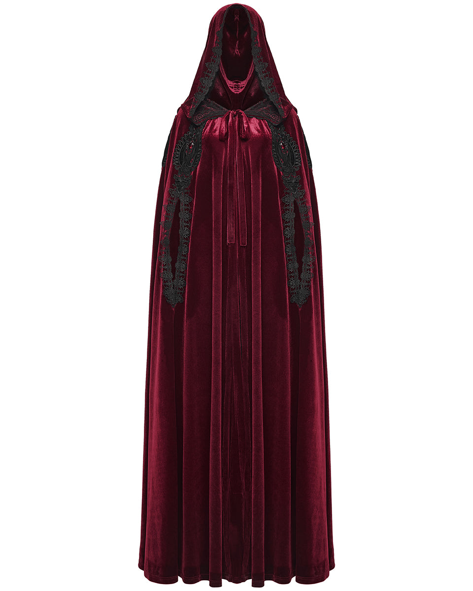 WY-1824DPF Womens Long Gothic Velvet & Lace Applique Hooded Cloak - Red & Black