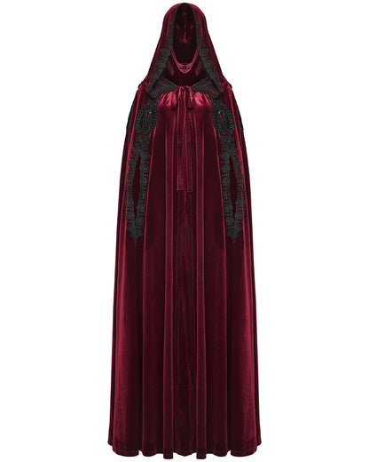 WY-1824DPF Womens Long Gothic Velvet & Lace Applique Hooded Cloak - Red & Black