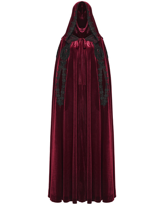 WY-1824DPF Womens Long Gothic Velvet & Lace Applique Hooded Cloak - Red & Black