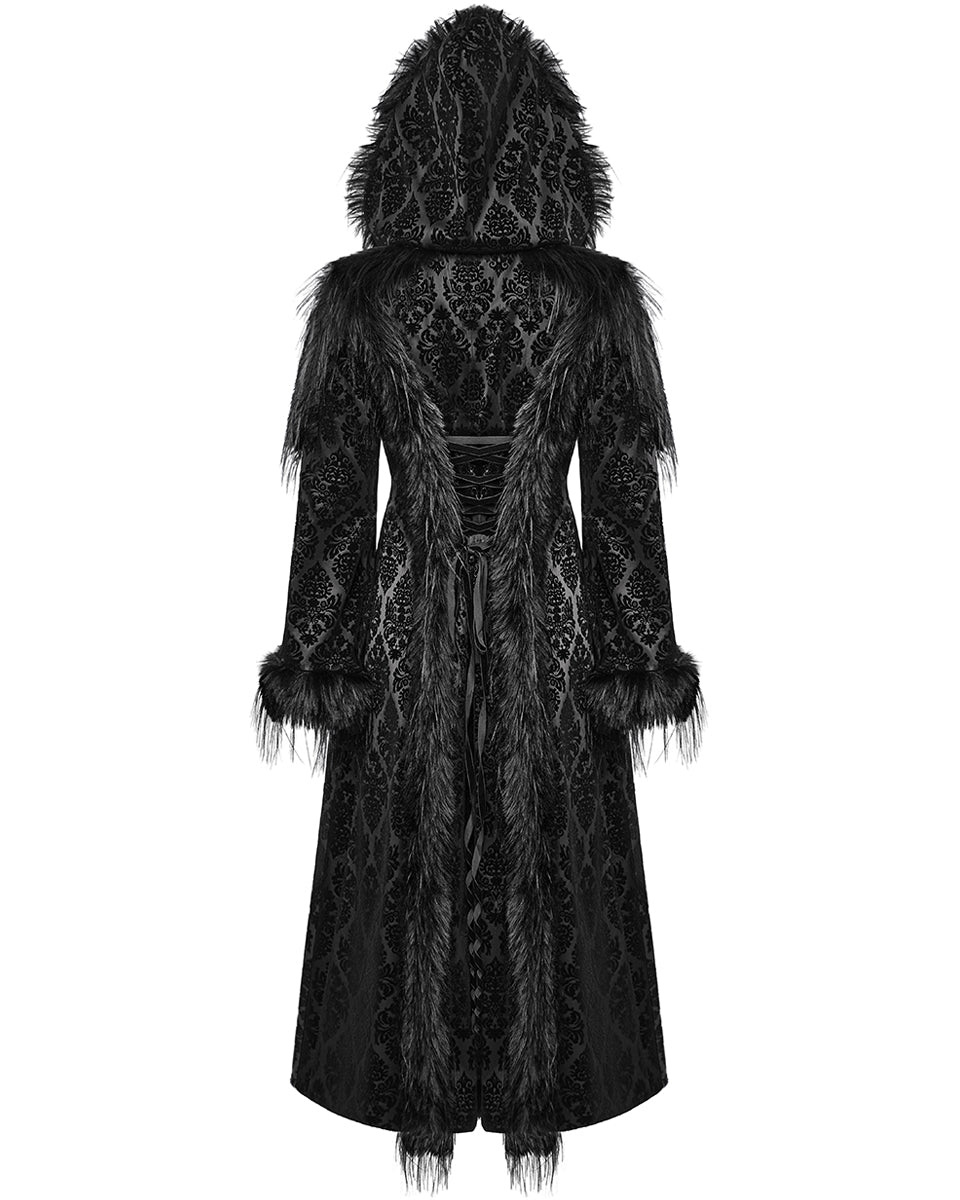 WY-1651LCF Womens Long Gothic Damask & Faux Fur Hooded Coat