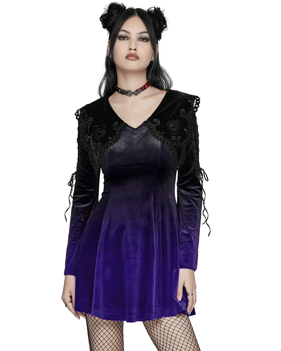 WQ-770LQF Womens Gothic Velvet Mini Dress With Oversize Embellished Collar - Purple & Black Gradient