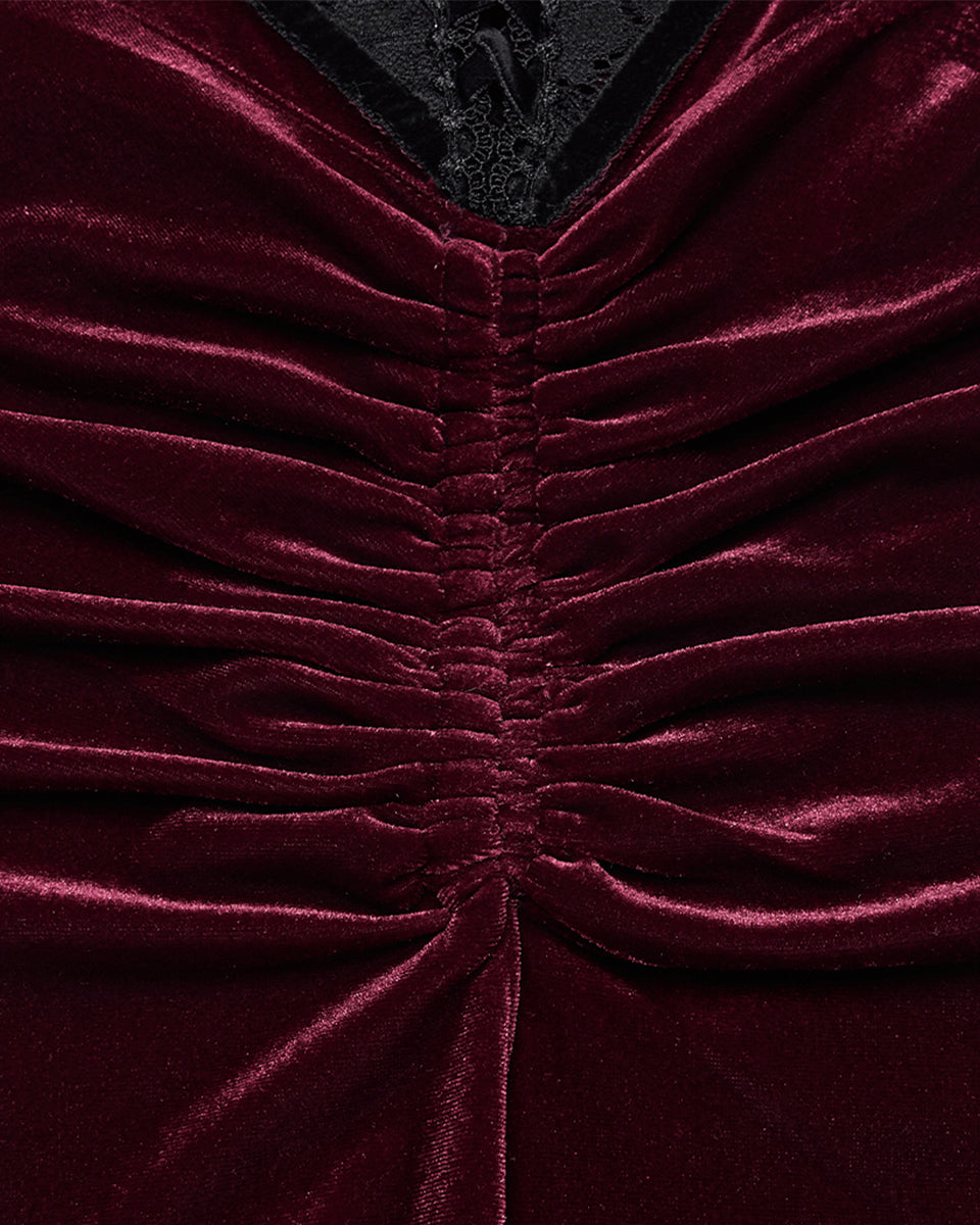 PR-OQ-844BQF-RDF Daily Life Womens Long Gothic Velvet Ruched Split Waist Skirt - Red