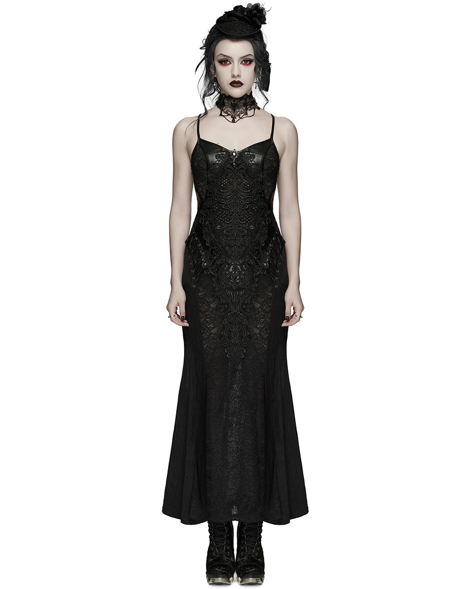 PR-WQ-934LQF-BKF Womens Long Elegant Gothic Lace Inset Applique Maxi Dress