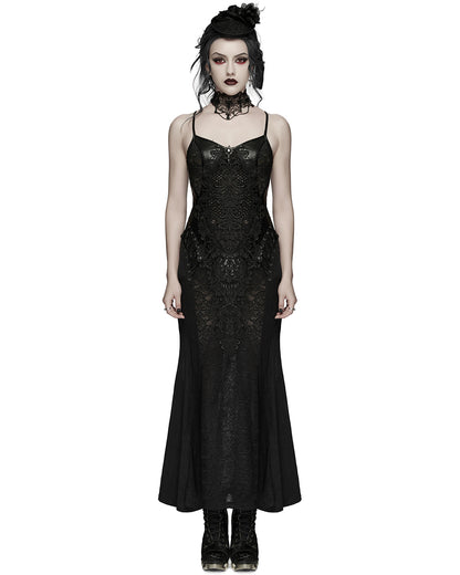 PR-WQ-934LQF-BKF Womens Long Elegant Gothic Lace Inset Applique Maxi Dress