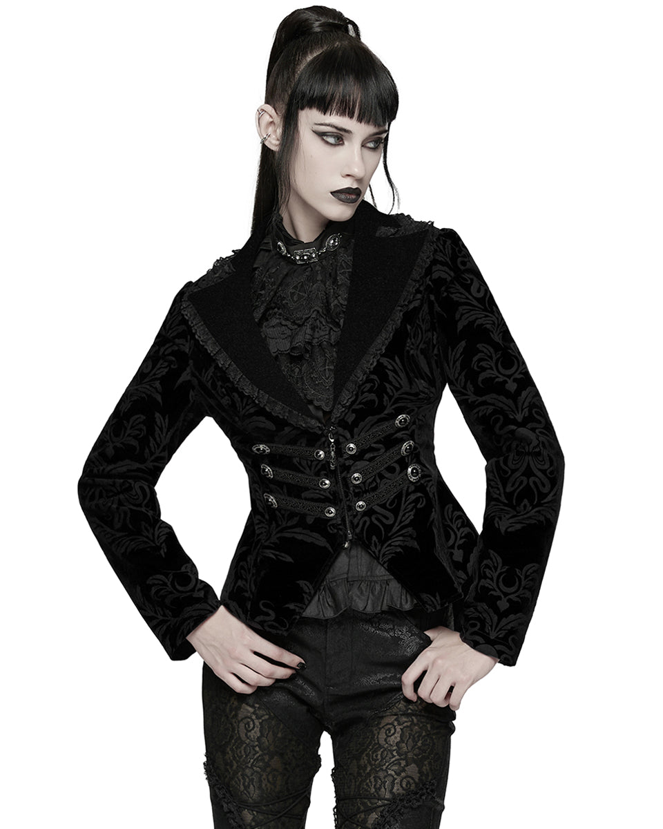 WY-1833LDF Womens Gothic Aristocrat Damask Velvet Frock Coat Jacket - Black