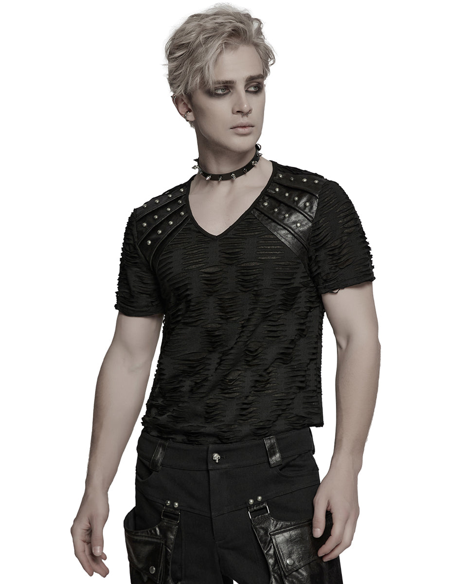 WT-1011TDM-BKM Mens Apocalyptic Gothic Shredded & Studded Broken Knit T Shirt Top