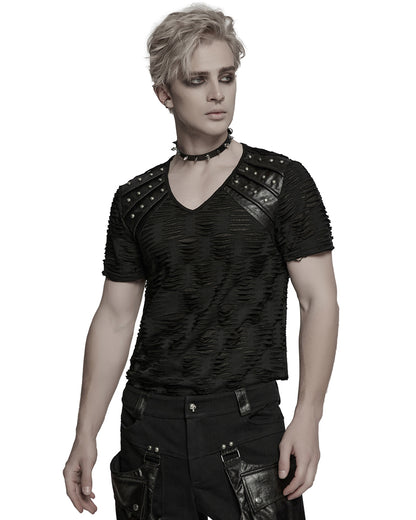 WT-1011TDM-BKM Mens Apocalyptic Gothic Shredded & Studded Broken Knit T Shirt Top