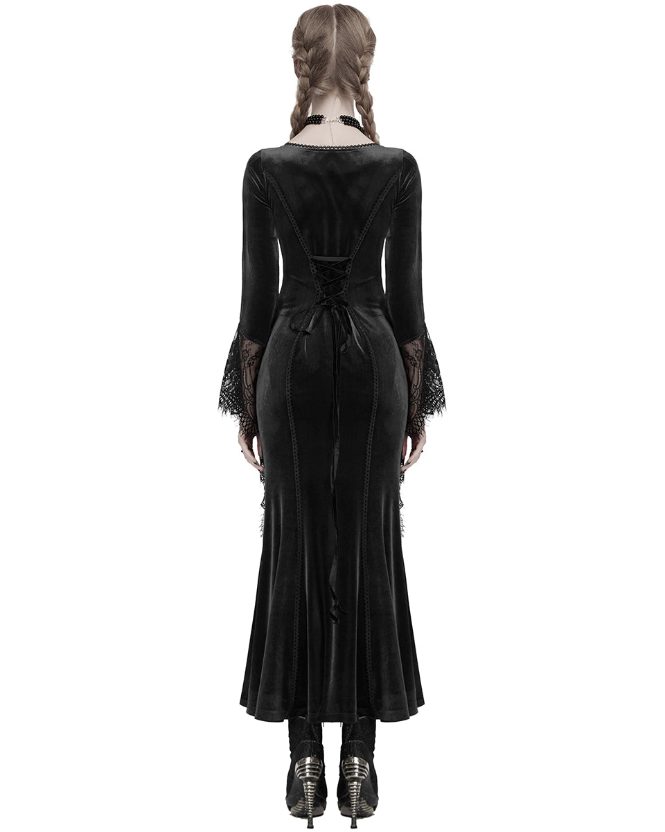 OQ-850LQF Daily Life Womens Long Gothic Velvet Applique Maxi Dress - Black