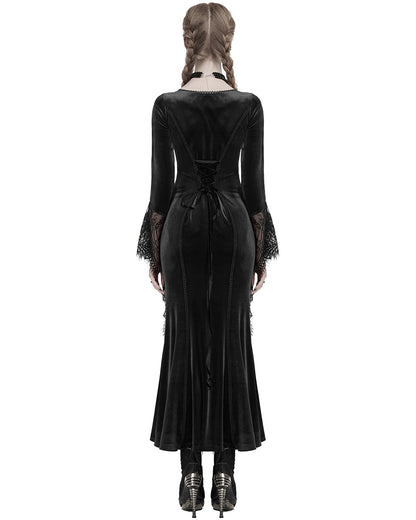 OQ-850LQF Daily Life Womens Long Gothic Velvet Applique Maxi Dress - Black