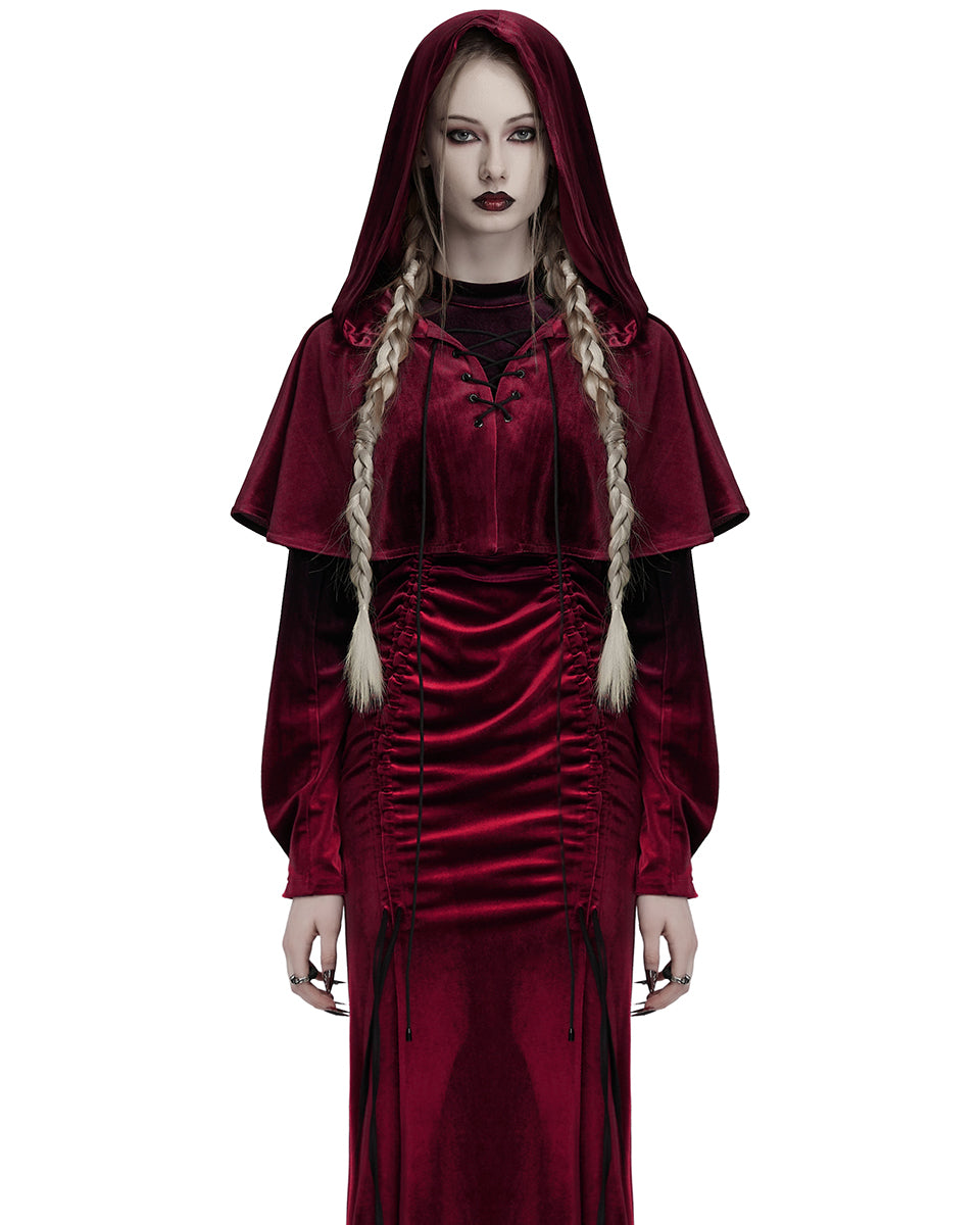 OPY-444DQF Daily Life Womens Velvet Gothic Lolita Hooded Split Tails Bolero Cape - Red