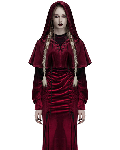 OPY-444DQF Daily Life Womens Velvet Gothic Lolita Hooded Split Tails Bolero Cape - Red