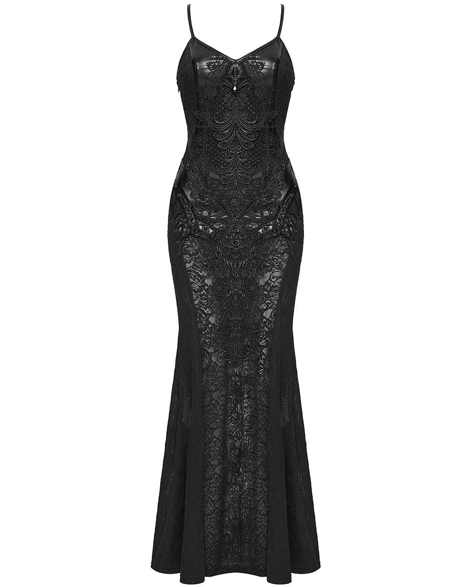 PR-WQ-934LQF-BKF Womens Long Elegant Gothic Lace Inset Applique Maxi Dress