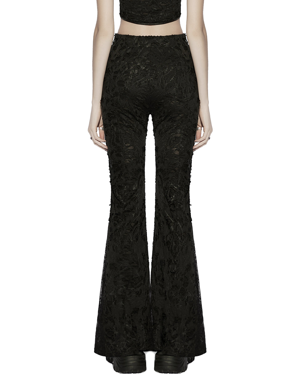 PR-OK-726XCF-BKF Daily Life Womens Apocalyptic Gothic Shredded Jacquard & Lace Flared Leggings